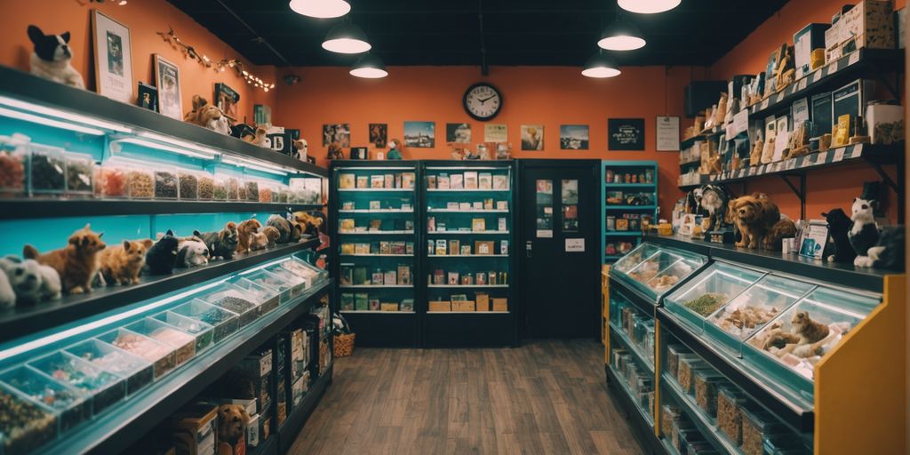 Pet shop with animals and pet supplies on display.